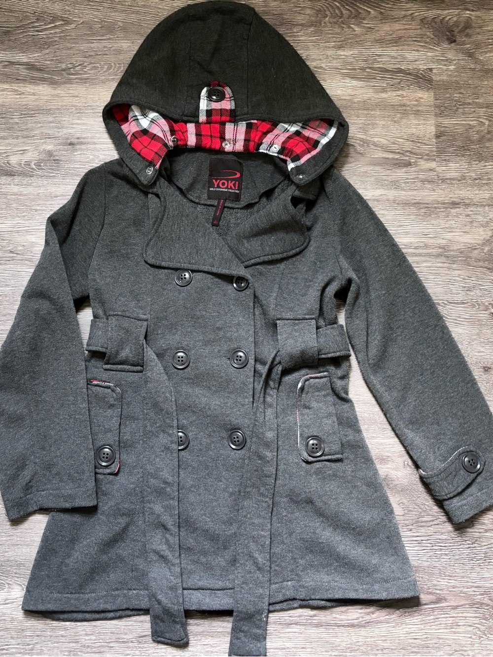 Yoki Girls' Charcoal Hooded Peacoat with Red Plaid Hood Lining